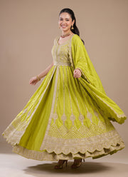 Diwali Front Slit Anarkali Lehenga – Chinon Embroidered Gown with Belt, Lehenga & Dupatta 3