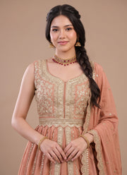Diwali Front Slit Anarkali Lehenga – Chinon Embroidered Gown with Belt, Lehenga & Dupatta 16