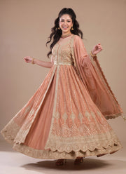 Diwali Front Slit Anarkali Lehenga – Chinon Embroidered Gown with Belt, Lehenga & Dupatta 15