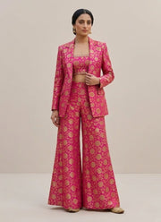 Jacquard Blazer Palazzo Set – Gold Floral Brocade Crop Top, Blazer & Flared Palazzo 1