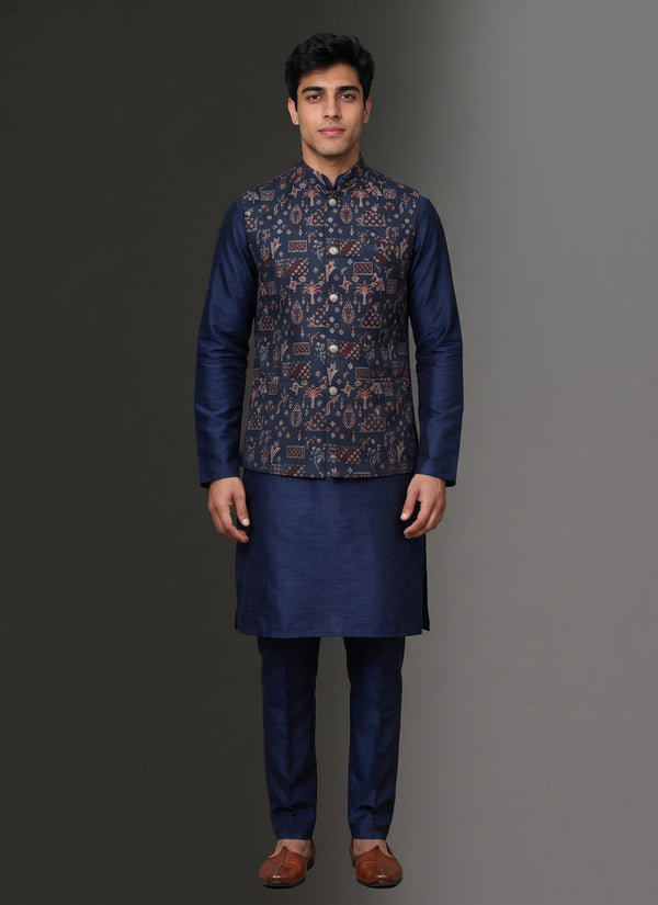 Navy Blue jacquard koti kurta pajama set for men – front view