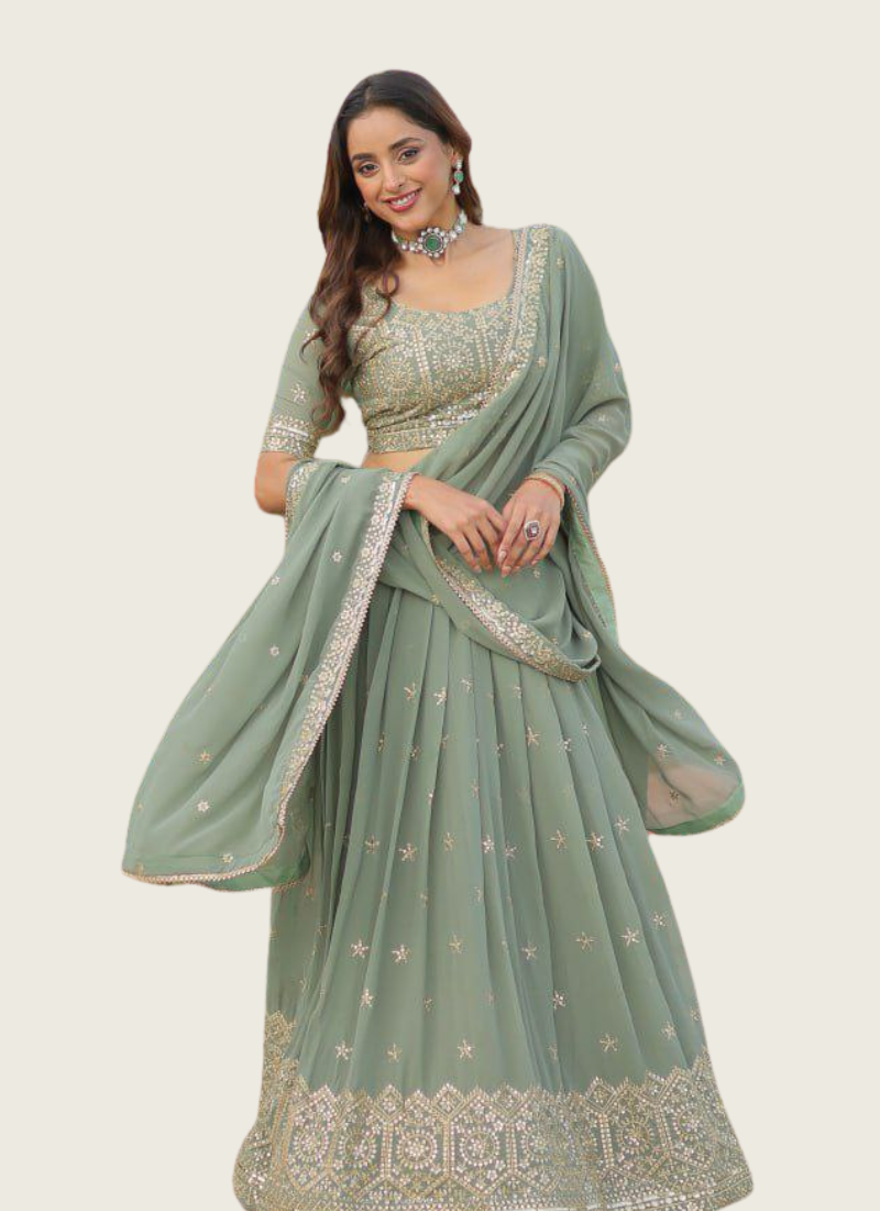 Faux Georgette Lehenga Choli with Sequins & Zari Embroidery + Lace Dupatta Australia