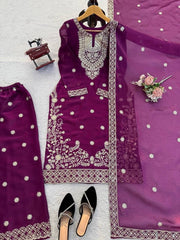 Diwali Purple Silk Palazzo Suit – Silver Sequin Yoke Embroidery Kurti with Dupatta 3