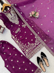 Diwali Purple Silk Palazzo Suit – Silver Sequin Yoke Embroidery Kurti with Dupatta 5