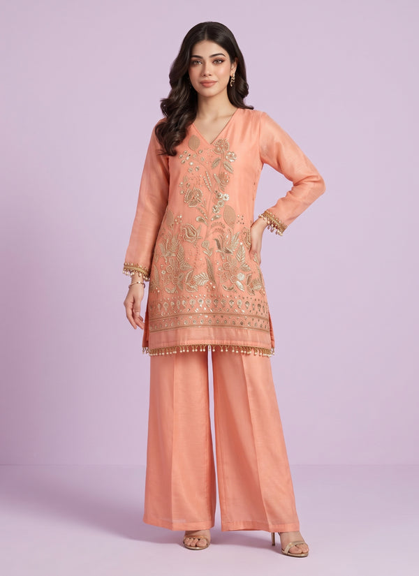 Peach crunchy silk embroidered co-ord set with short kurti and palazzo – front view