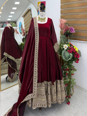 Diwali Maroon Crushed Silk Anarkali Gown – Heavy Sequin Embroidered Hem with Dupatta 3