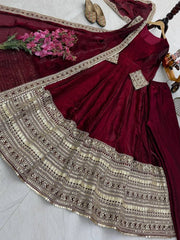 Diwali Maroon Crushed Silk Anarkali Gown – Heavy Sequin Embroidered Hem with Dupatta 4