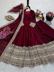 Diwali Maroon Crushed Silk Anarkali Gown – Heavy Sequin Embroidered Hem with Dupatta 5