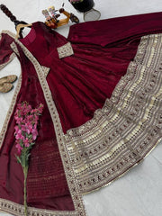 Diwali Maroon Crushed Silk Anarkali Gown – Heavy Sequin Embroidered Hem with Dupatta 6