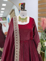 Diwali Maroon Crushed Silk Anarkali Gown – Heavy Sequin Embroidered Hem with Dupatta 7