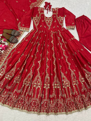 Diwali Red Crepe Anarkali Suit – Gold Zari & Sequin Embroidery with Pants & Dupatta 3