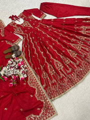 Diwali Red Crepe Anarkali Suit – Gold Zari & Sequin Embroidery with Pants & Dupatta 4