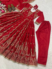Diwali Red Crepe Anarkali Suit – Gold Zari & Sequin Embroidery with Pants & Dupatta 5