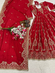 Diwali Red Crepe Anarkali Suit – Gold Zari & Sequin Embroidery with Pants & Dupatta 6
