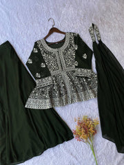Diwali Georgette Peplum Palazzo Suit – White Sequin Embroidery Kurti with Flared Palazzo & Dupatta 11