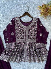 Diwali Georgette Peplum Palazzo Suit – White Sequin Embroidery Kurti with Flared Palazzo & Dupatta 16