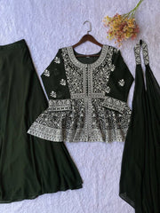Diwali Georgette Peplum Palazzo Suit – White Sequin Embroidery Kurti with Flared Palazzo & Dupatta 9