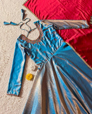 Diwali Sindoor Tissue Silk Anarkali Gown – Maggam Hand Work with Double-Layer Flare & Contrast Dupatta 4
