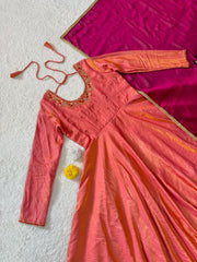 Diwali Sindoor Tissue Silk Anarkali Gown – Maggam Hand Work with Double-Layer Flare & Contrast Dupatta 8