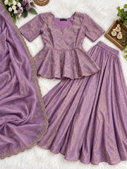 Diwali Crinkle Silk Peplum Lehenga Set – Floral Vine Embroidery Top with 6.5m Flare Skirt & Dupatta 6
