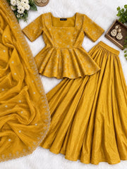 Diwali Crinkle Silk Peplum Lehenga Set – Floral Vine Embroidery Top with 6.5m Flare Skirt & Dupatta 9