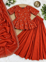 Diwali Crinkle Silk Peplum Lehenga Set – Floral Vine Embroidery Top with 6.5m Flare Skirt & Dupatta 12