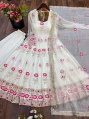 Diwali Off-White Georgette Anarkali Gown Suit – Pink Lotus Embroidery with Crepe Pants & Lace Dupatta 3