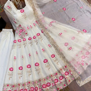 Diwali Off-White Georgette Anarkali Gown Suit – Pink Lotus Embroidery with Crepe Pants & Lace Dupatta 4