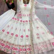 Diwali Off-White Georgette Anarkali Gown Suit – Pink Lotus Embroidery with Crepe Pants & Lace Dupatta 5