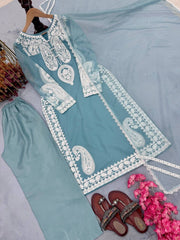 Diwali Organza Silk Palazzo Suit – White Paisley Embroidery Kurti with Bell Sleeves & Lace Dupatta 3