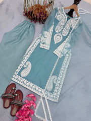 Diwali Organza Silk Palazzo Suit – White Paisley Embroidery Kurti with Bell Sleeves & Lace Dupatta 4