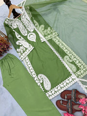 Diwali Organza Silk Palazzo Suit – White Paisley Embroidery Kurti with Bell Sleeves & Lace Dupatta 8