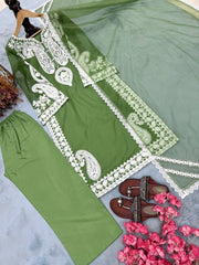 Diwali Organza Silk Palazzo Suit – White Paisley Embroidery Kurti with Bell Sleeves & Lace Dupatta 9