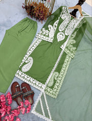 Diwali Organza Silk Palazzo Suit – White Paisley Embroidery Kurti with Bell Sleeves & Lace Dupatta 10