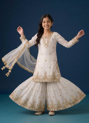 White Gharara Suit for Girls – Fendi Silk Kurti, Gharara & Lace Dupatta 3