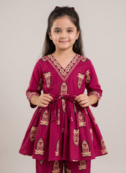 Diwali Cotton Kurta Set for Girls – Printed Kediya Top with Tie Belt & Pants 3