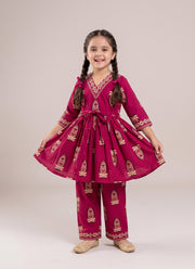 Diwali Cotton Kurta Set for Girls – Printed Kediya Top with Tie Belt & Pants 2