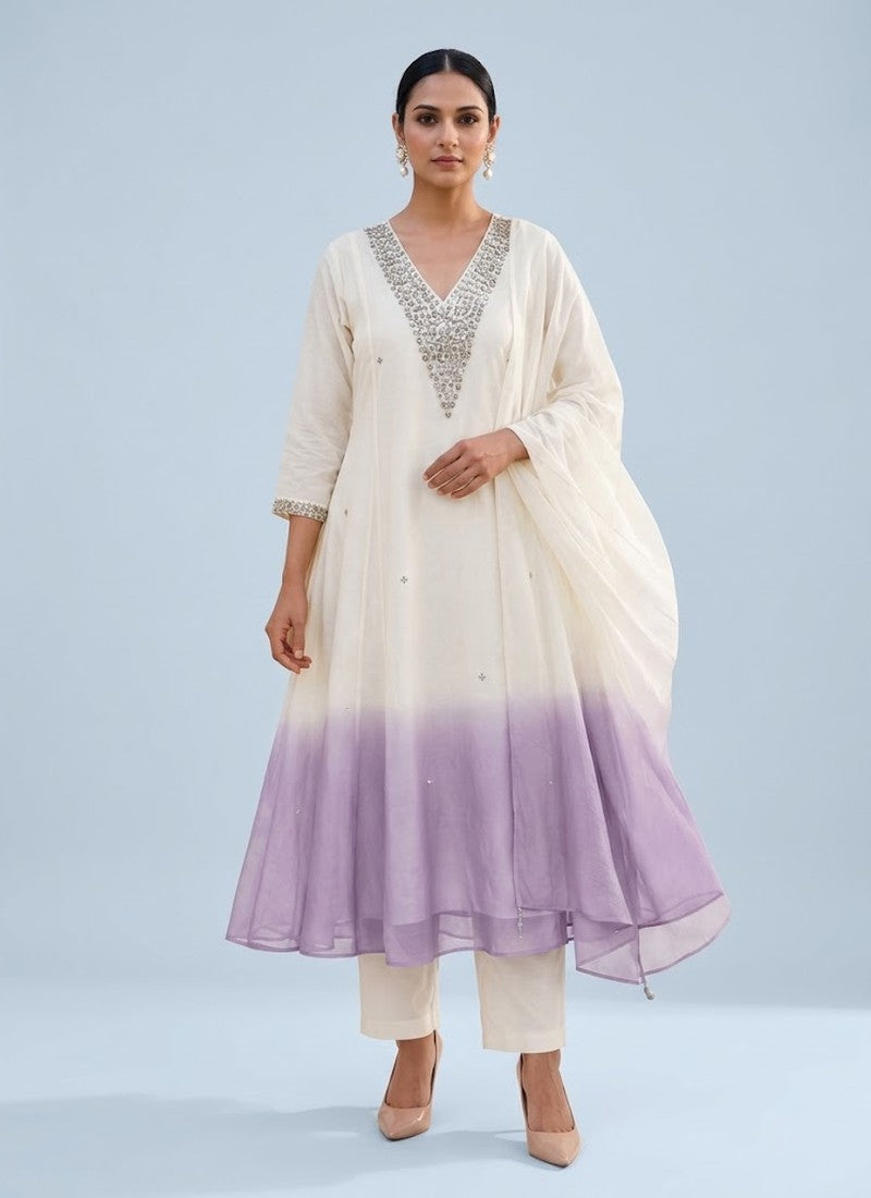 Diwali Lavender Ombre Anarkali Suit – Mal Chanderi with Mirror Work Neckline & Dupatta Australia