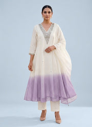 Diwali Lavender Ombre Anarkali Suit – Mal Chanderi with Mirror Work Neckline & Dupatta 1