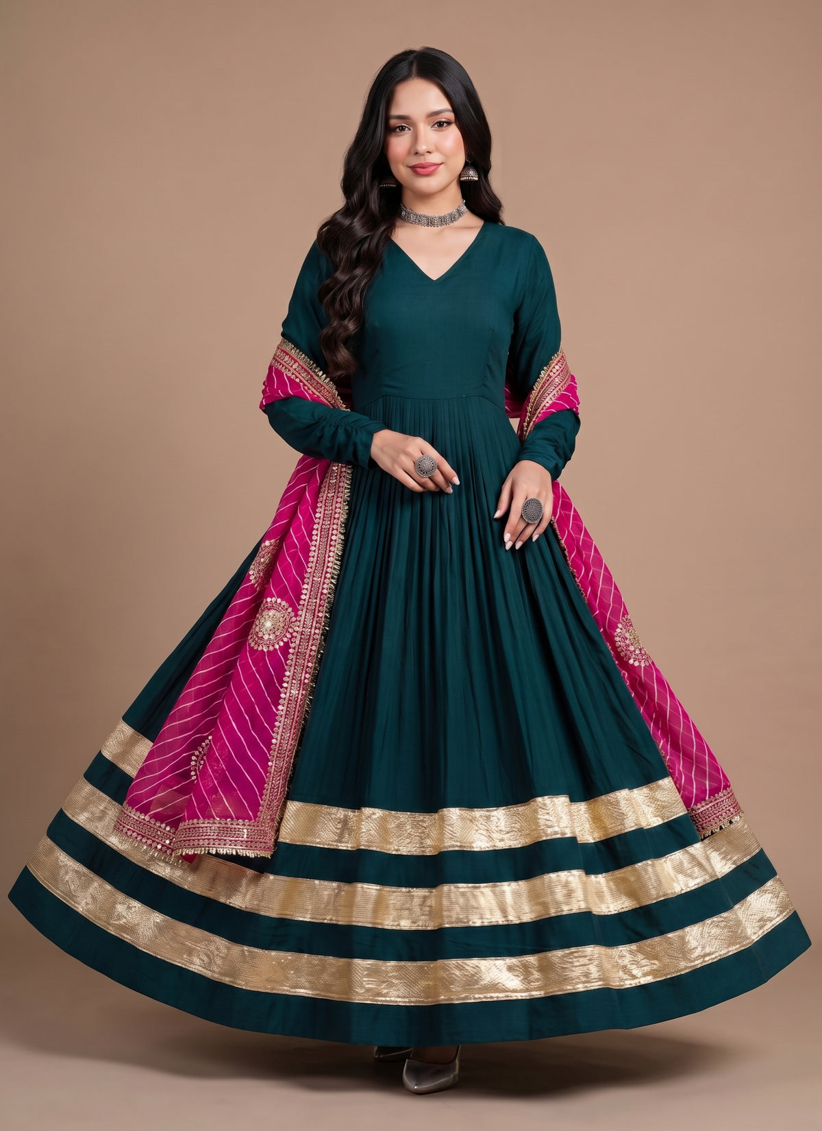 Diwali Leheriya Dupatta Gown – Rayon Anarkali with Gold Gota Patti Stripes & Zari Leheriya Dupatta Australia