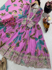 Diwali Lilac Floral Print Anarkali Gown – Tropical Leaf Georgette with Sequin Border & Dupatta 3
