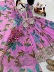 Diwali Lilac Floral Print Anarkali Gown – Tropical Leaf Georgette with Sequin Border & Dupatta 4