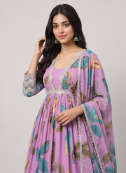 Diwali Lilac Floral Print Anarkali Gown – Tropical Leaf Georgette with Sequin Border & Dupatta 2