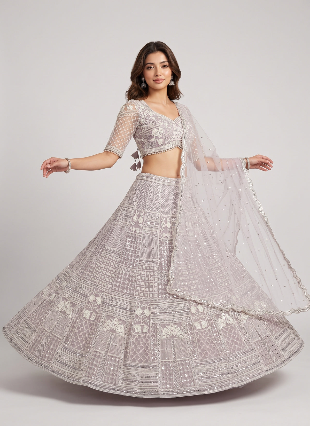 Diwali Lilac Net Lehenga – Resham Thread & Sequin Patchwork Embroidery with Net Dupatta Australia