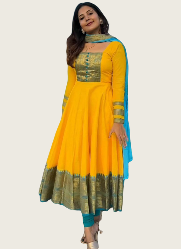 Chanderi Cotton Anarkali Suit with Jacquard Zari Border & Lace Dupatta Australia