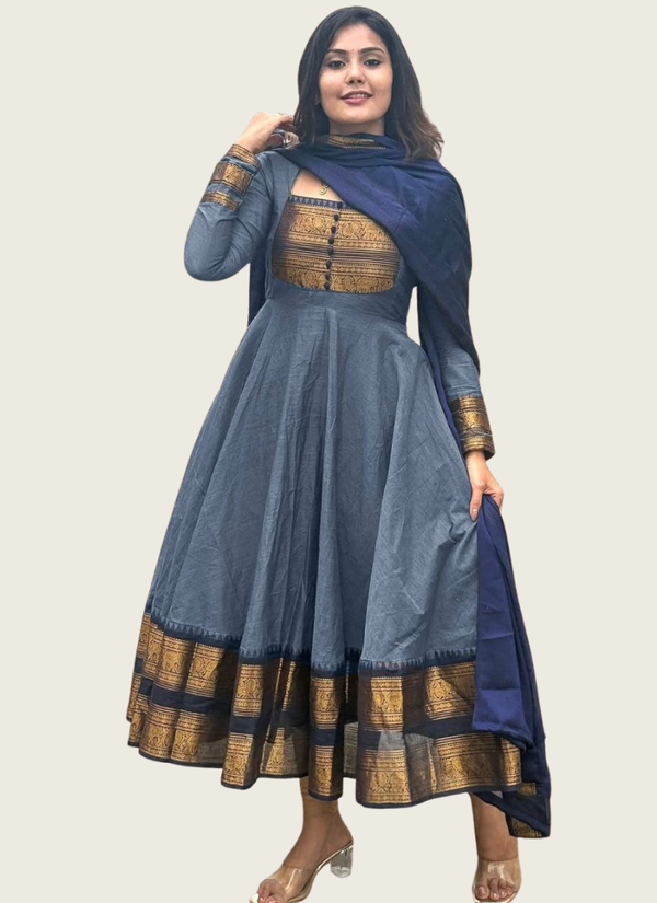 Chanderi Cotton Anarkali Dress with Jacquard Zari Border & Lace Dupatta Australia