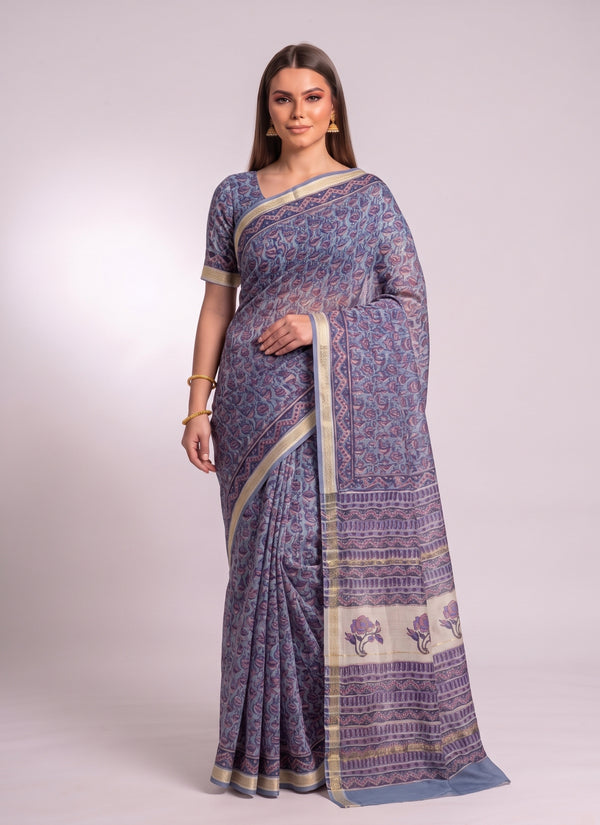 Vegetable dye Maheshwari silk cotton saree in blue and plum block print – front view