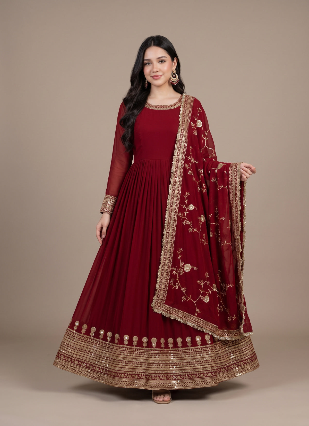 Diwali Maroon Blooming Anarkali Gown – Sequin Border Gown with Embroidered Dupatta Australia
