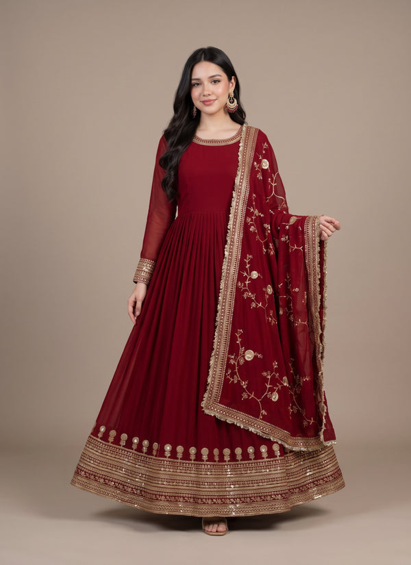 Maroon blooming anarkali gown with gold sequin border and embroidered dupatta – front view