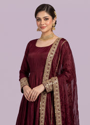 Diwali Maroon Crushed Silk Anarkali Gown – Heavy Sequin Embroidered Hem with Dupatta 2